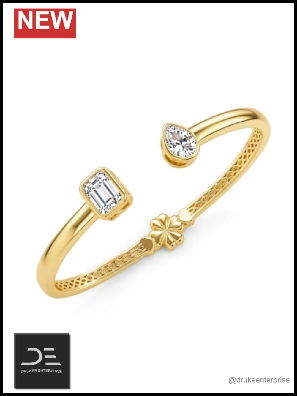 Toi et Moi Moissanite Cuff Bracelet 14K Gold Plated Emerald Pear 3.25 CTTW